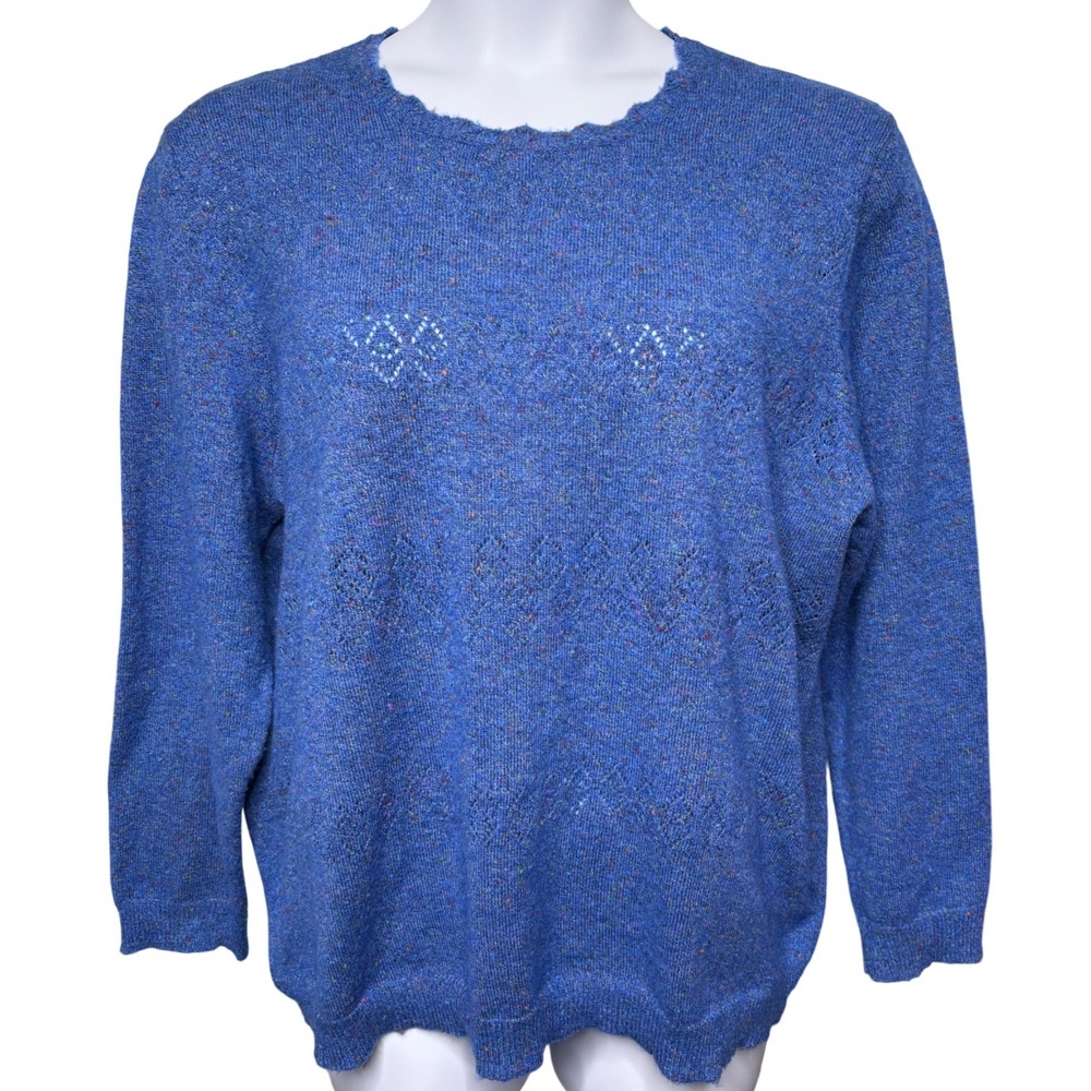 ALFRED DUNNER Blue Confetti Pointelle Sweater 2X Scalloped Trim Cottagecore Chic